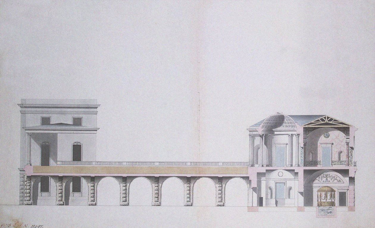 Querschnitt des Achatpavillons und des Hängenden Gartens in Zarskoje Selo, ca. 1780 von Charles Cameron