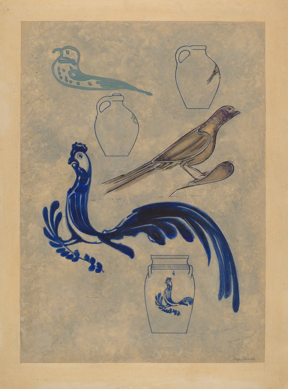 Vogeldekorationen auf Steinzeug, 1935-1942 von Charles Caseau