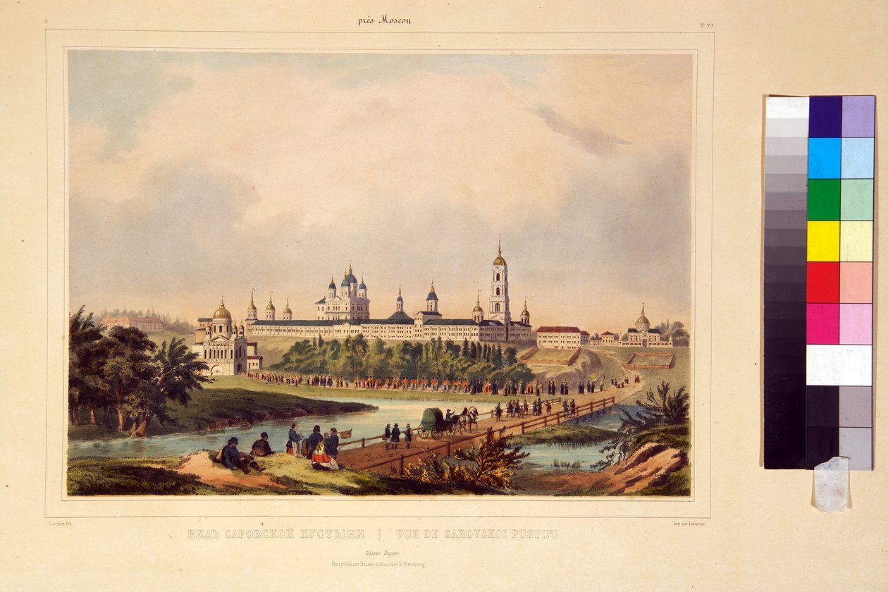 Ansicht des Sarower Klosters. Das Kloster des Seraphim von Sarow (1759-1833), orthodoxer Heiliger. Gravur von Charles Claude Bachelier, koloriert mit Aquarell, Anfang 19. Jahrhundert. von Charles Claude Bachelier
