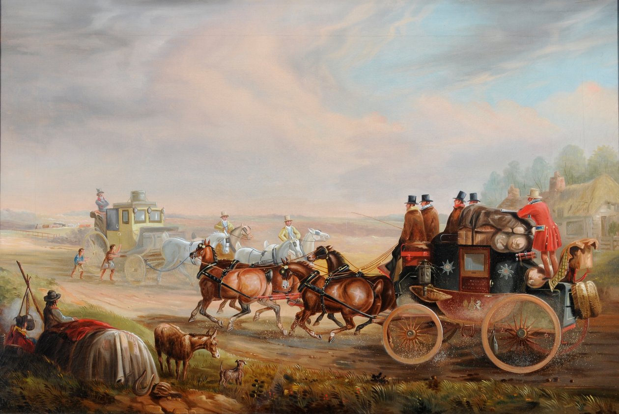 Hull-London Royal Mail trifft auf eine Reisekutsche auf der Straße, ca. 1835 von Charles Cooper Henderson