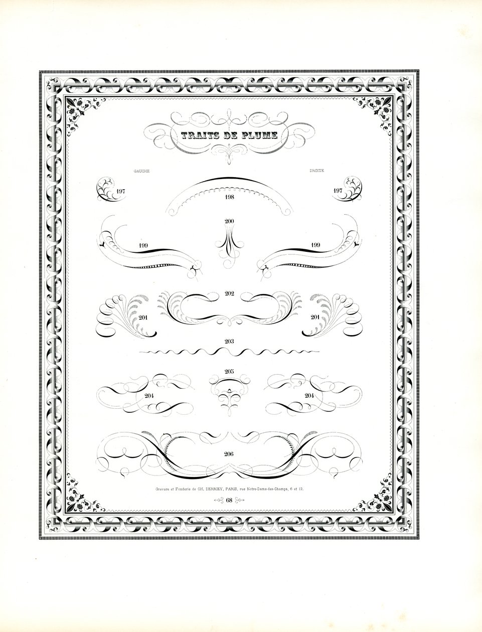 Kalligraphische Federverzierungen mit Kettenmuster-Rand von Charles Derriey