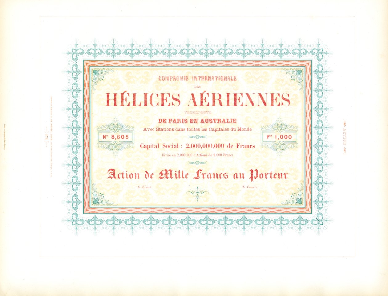 Designvorlage für Aktienzertifikat einer Luftschiffgesellschaft von Charles Derriey