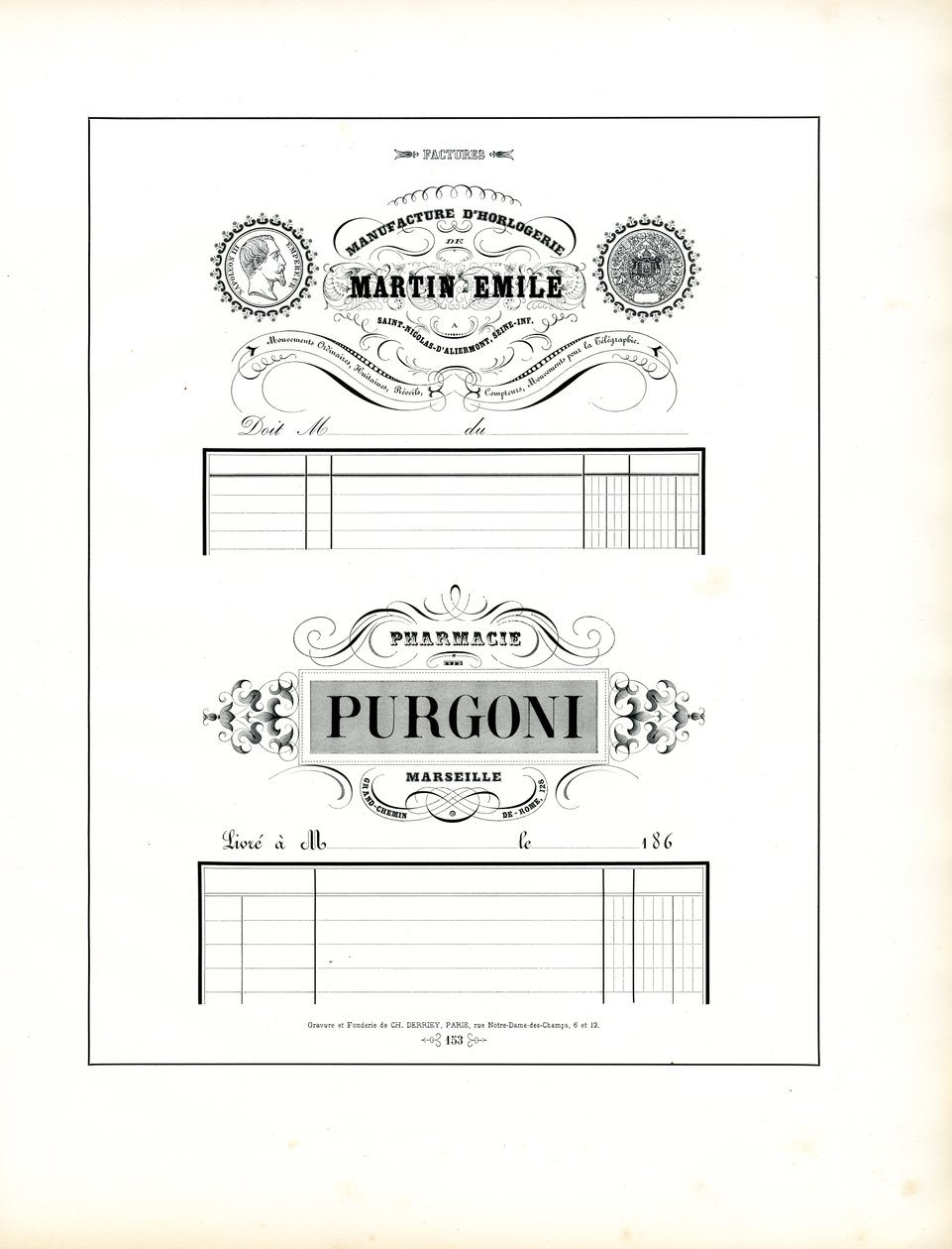 Elegante Briefköpfe für Uhrmacher und Apotheken von Charles Derriey