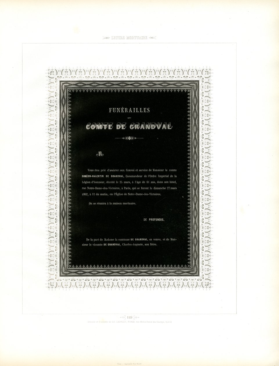 Trauerkarte mit Zierrahmen von Charles Derriey