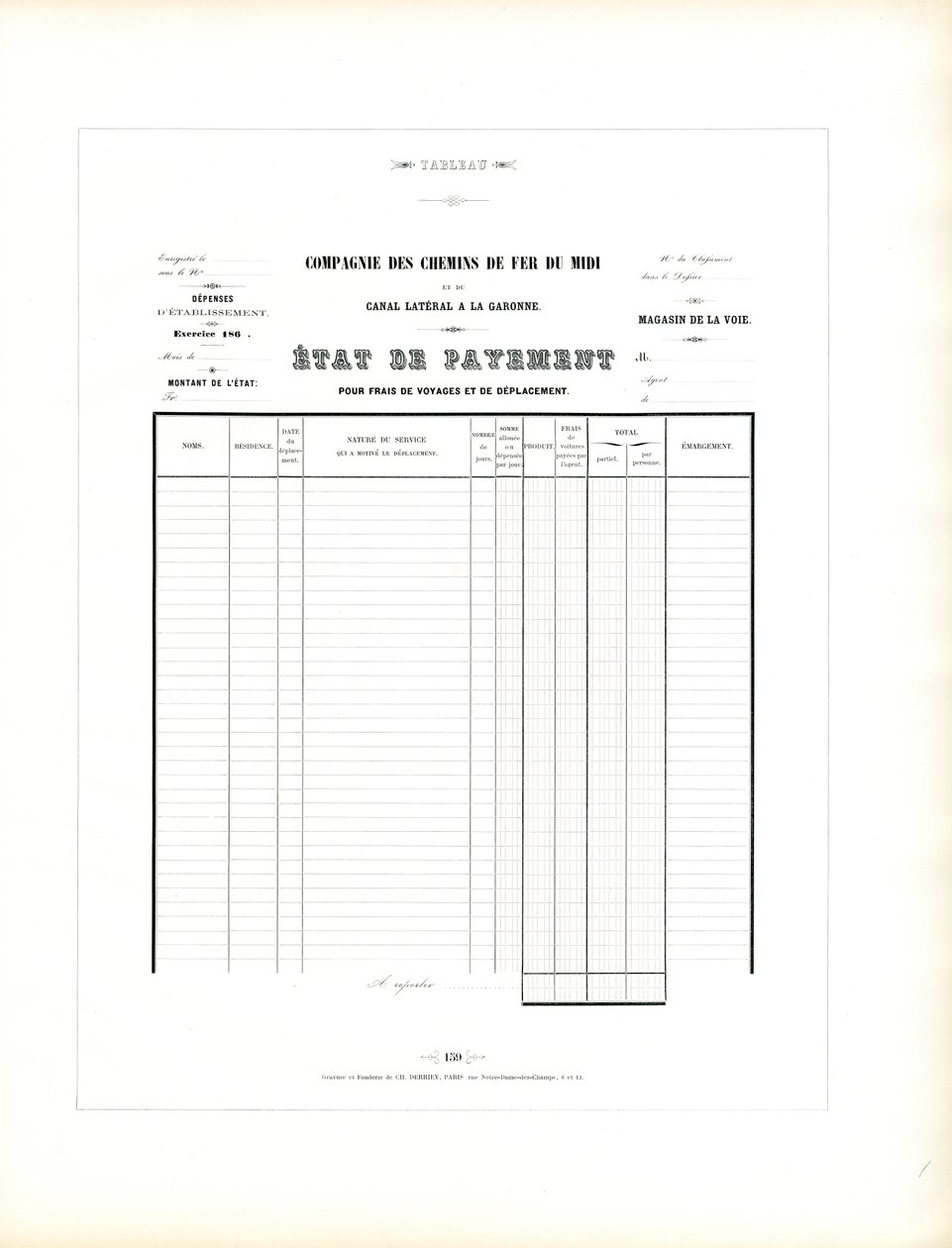 Formular der Eisenbahngesellschaft für Reisekostenabrechnung von Charles Derriey