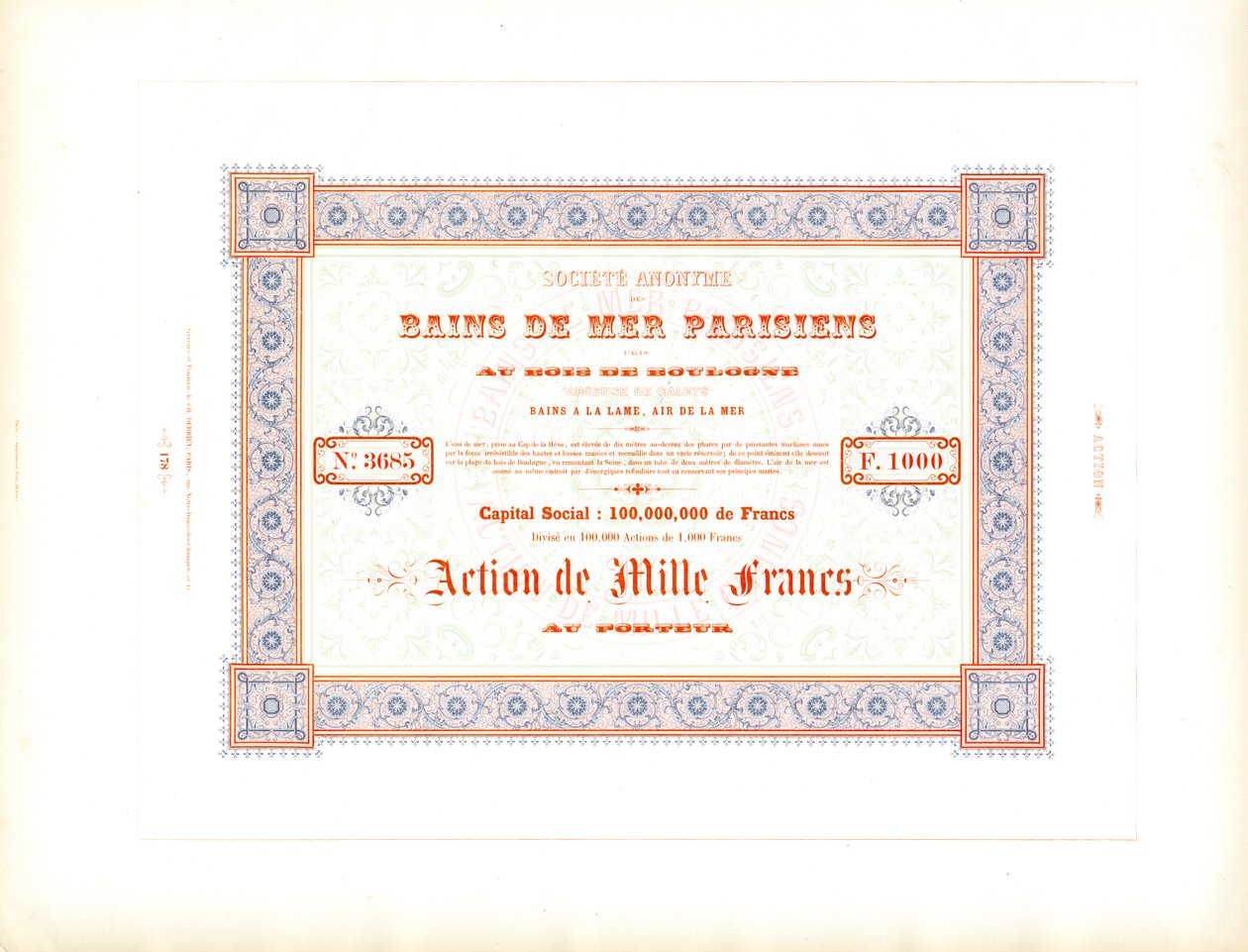 Aktienzertifikat "Pariser Seebäder" von Charles Derriey