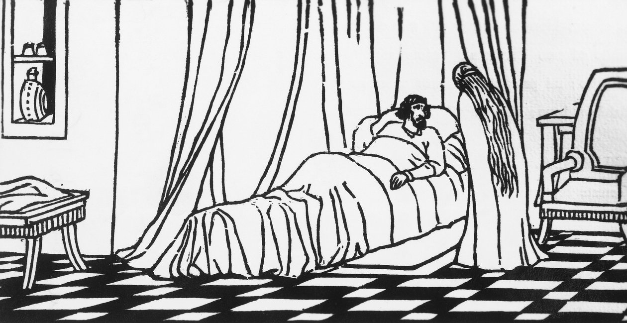 Melisande besucht Golaud, der nach einem Sturz vom Pferd im Bett liegt, Holzschnitt von Charles Doudelet (1861-1938) für Pelleas und Melisande von Maurice Maeterlinck (1862-1949), veröffentlicht von Claudio Argentieri, Spoleto, Italien von Charles Doudelet