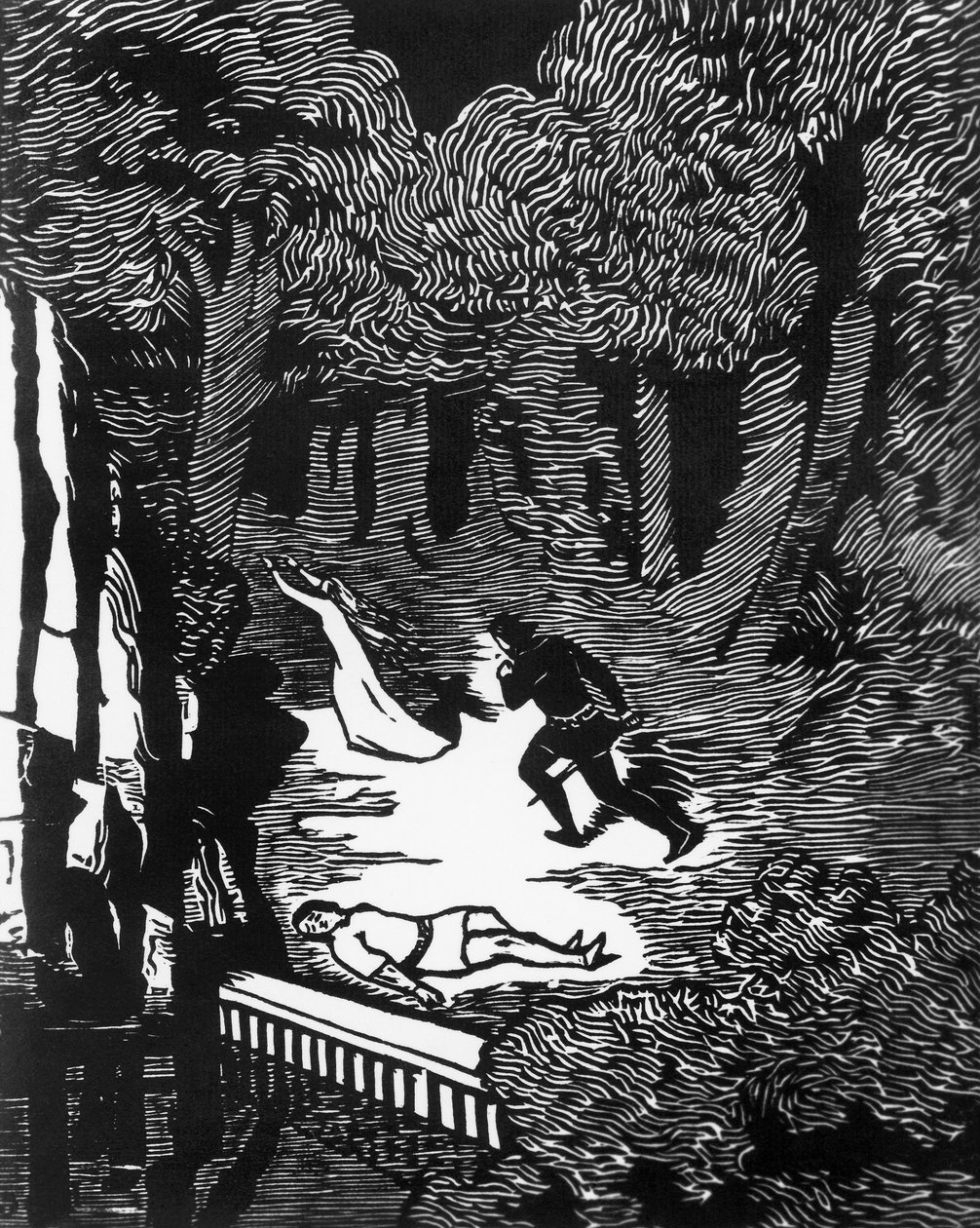 Holzschnitt von Charles Doudelet (1861-1938) für Pelleas und Melisande von Maurice Maeterlinck (1862-1949), veröffentlicht von Claudio Argentieri, Spoleto, Italien von Charles Doudelet