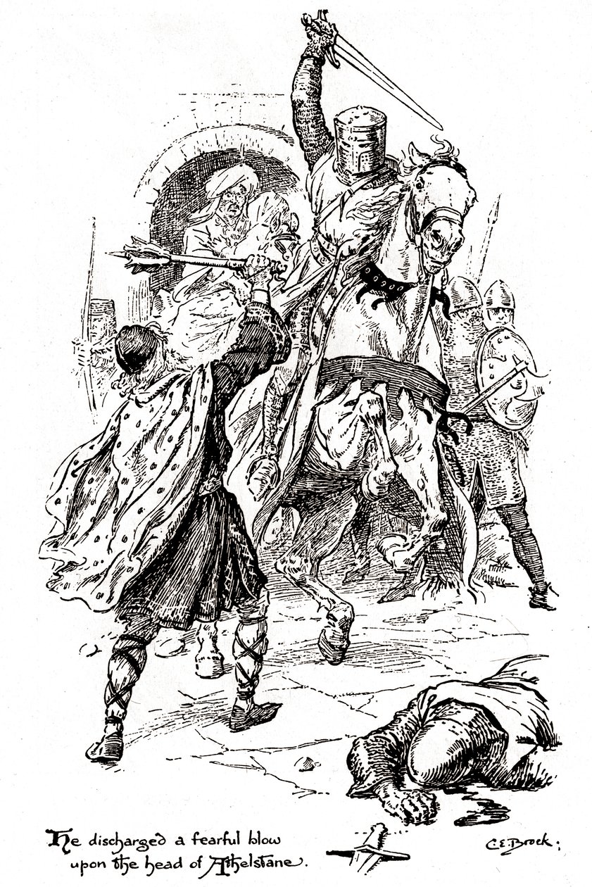 Athelstane wird von Bois-Guilbert in Ivanhoe mit einem Schwert geschlagen von Charles Edmund Brock