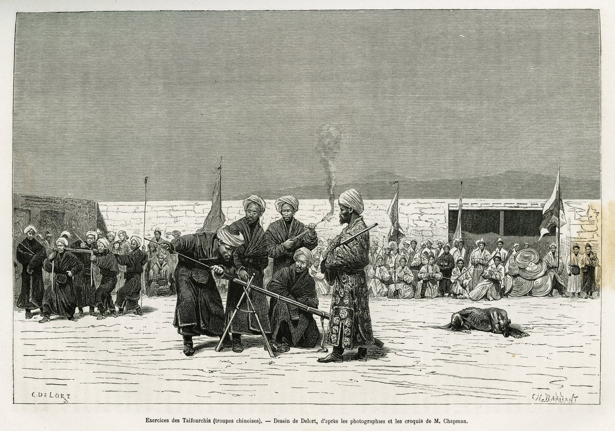 Übungen im Umgang mit Taifourchi-Bollwerkgewehren, Truppen, die von der chinesischen Armee bewaffnet und ausgebildet wurden, Zeichnung von Delort, zur Illustration der Erinnerungen einer englischen Botschaft in Kachgar (oder Kashi, China) in den Jahren 18 von Charles Edouard Delort