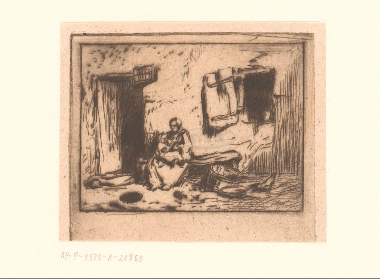 Frau mit Kind auf einer Bank an einer Fassade von Charles Emile Jacque (attributed to)