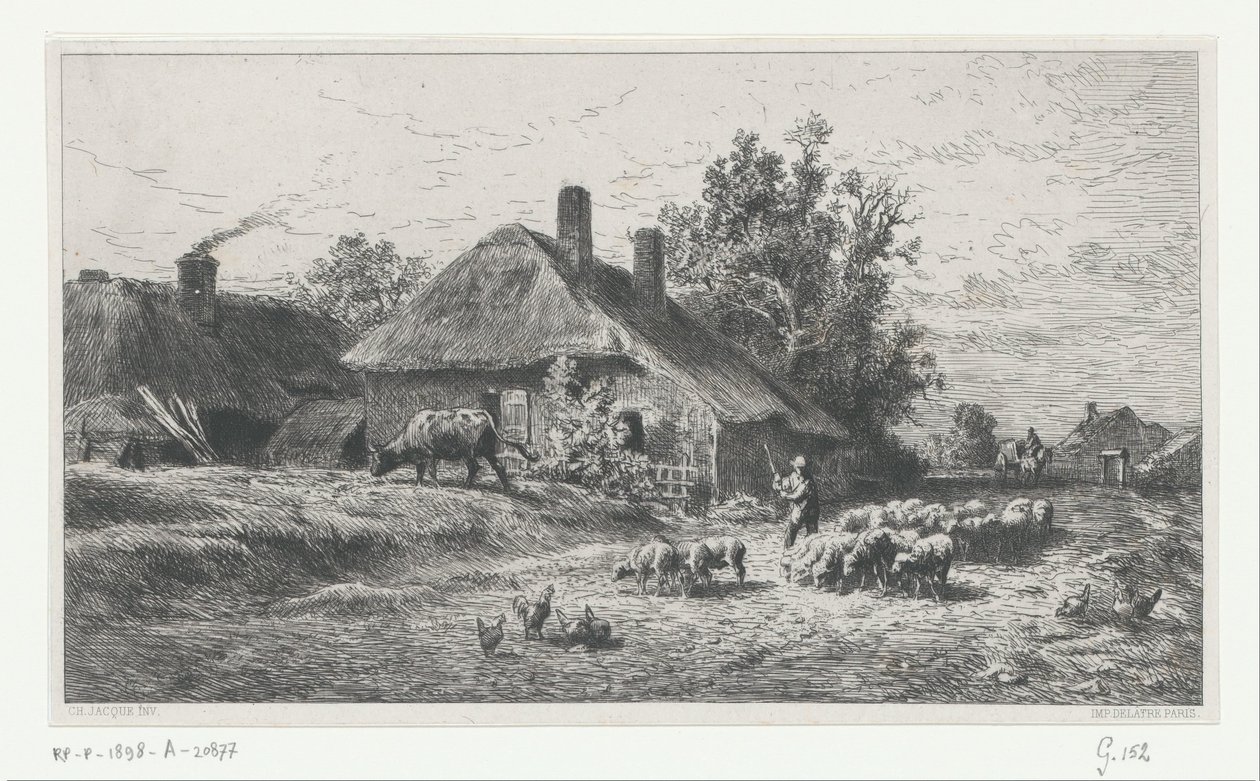 Hirte mit Herde auf einem Weg an einem Bauernhof vorbei von Charles Emile Jacque