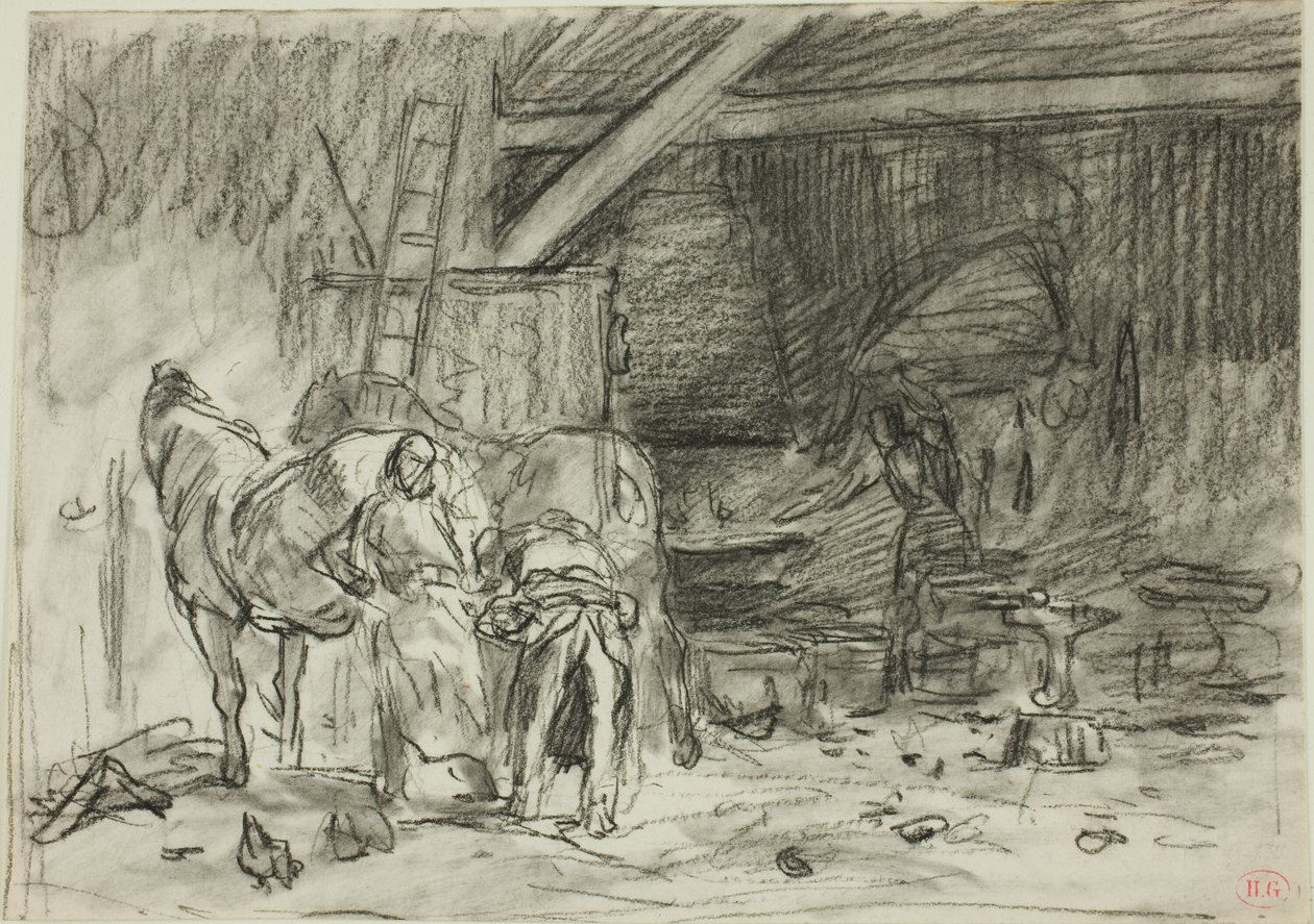 Innenansicht einer Schmiede (recto); Mann, der sich bückt, von hinten gesehen (verso) von Charles Emile Jacque