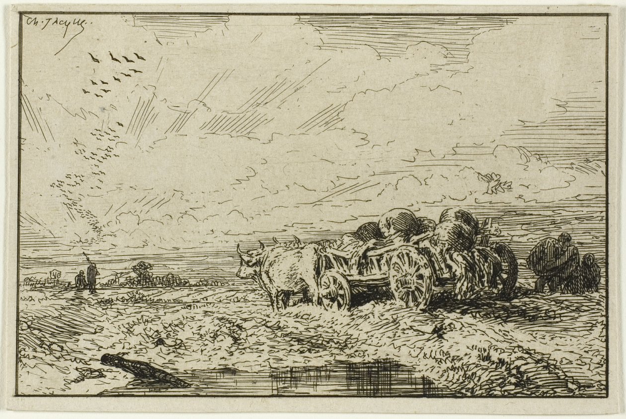Landschaft mit Ochsenkarren von Charles Emile Jacque