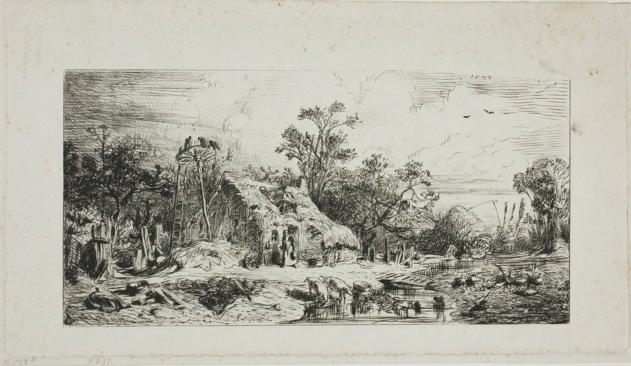 Landschaft mit strohgedeckten Hütten von Charles Emile Jacque