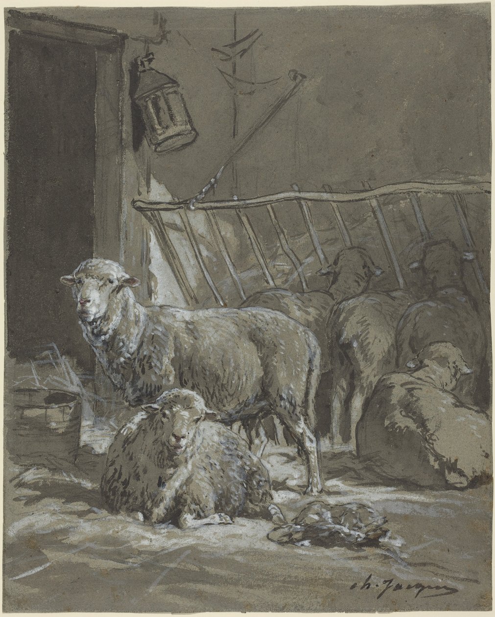 Schafe an einer Futterkrippe von Charles Emile Jacque