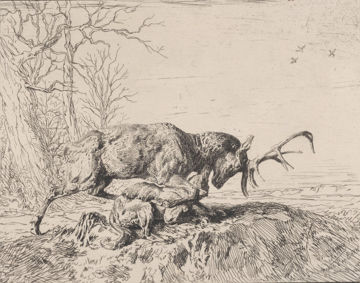 Hirsch kämpft mit einem Wolf, nach Antoine Louis Barye von Charles Emile Jacque