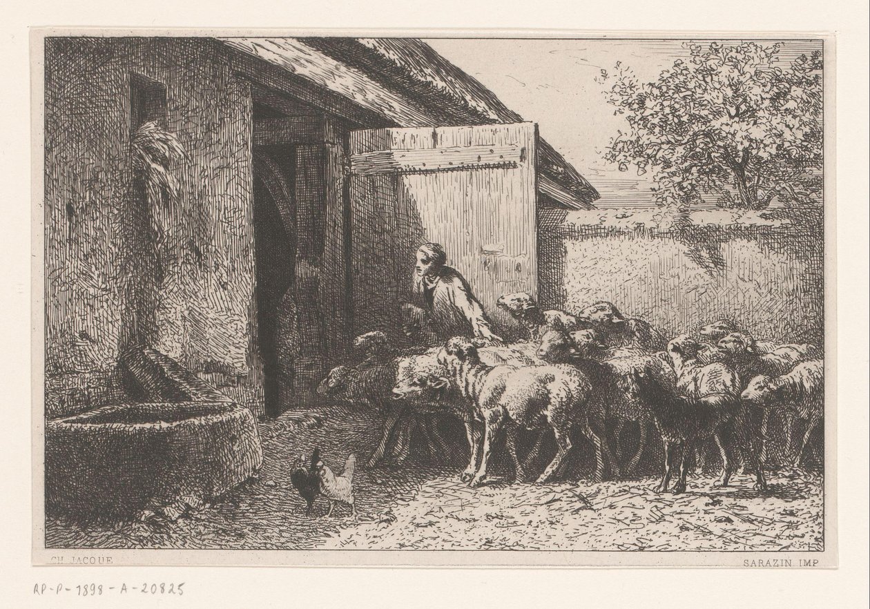 Frau, die Schafe in den Stall führt von Charles Emile Jacque