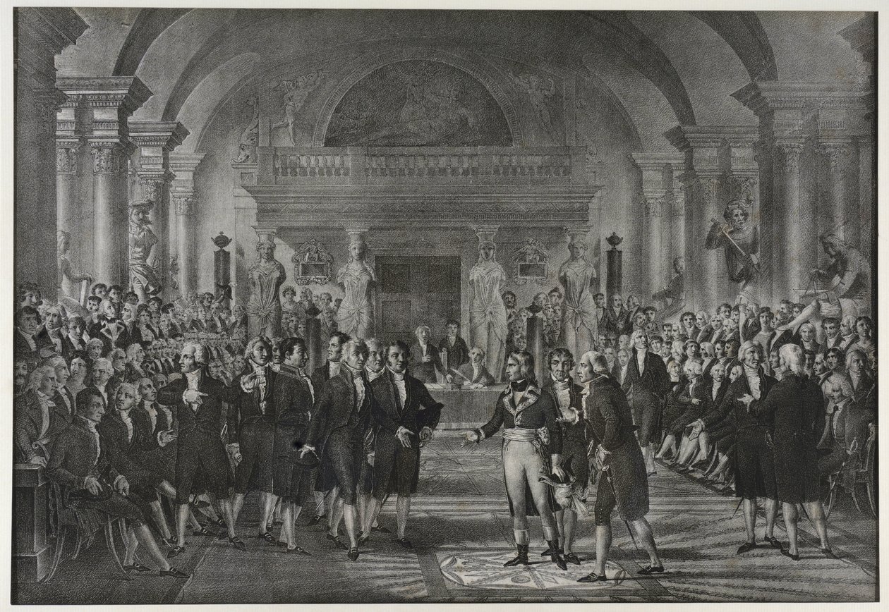 Empfang von Napoleon Bonaparte am Institut, Klasse für Physik und Mathematik, Sektion für mechanische Künste am 25. Dezember von Charles Etienne Pierre Motte