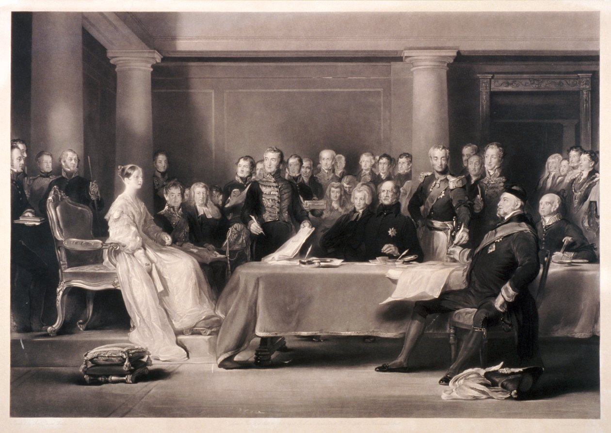 Königin Victoria leitet den Rat bei ihrem Thronantritt, 1846 von Charles Fox