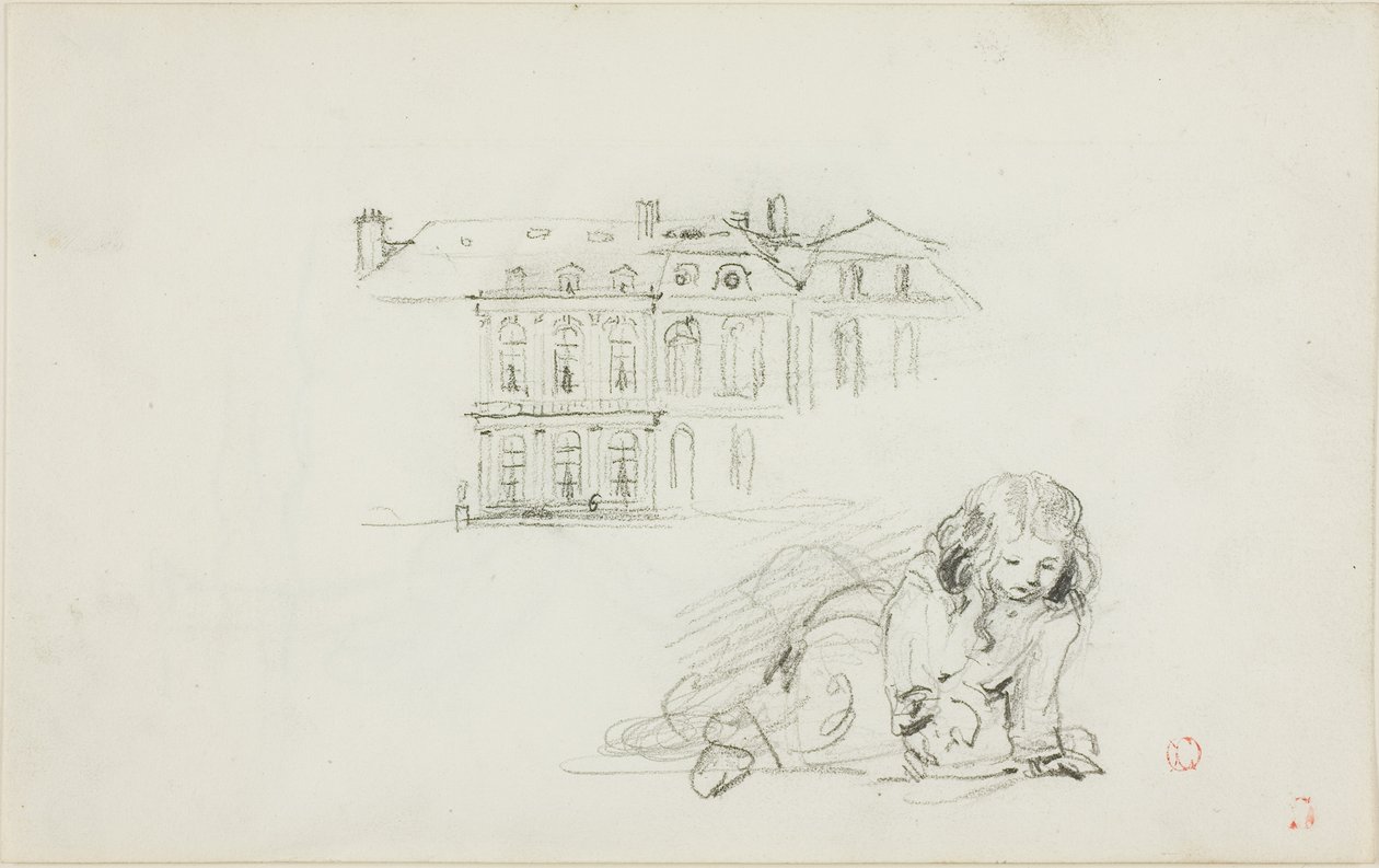 Skizzen: Das Rathaus von Tours und ein Mädchen beim Spielen (Vorderseite); Storch (Rückseite) von Charles Francois Daubigny
