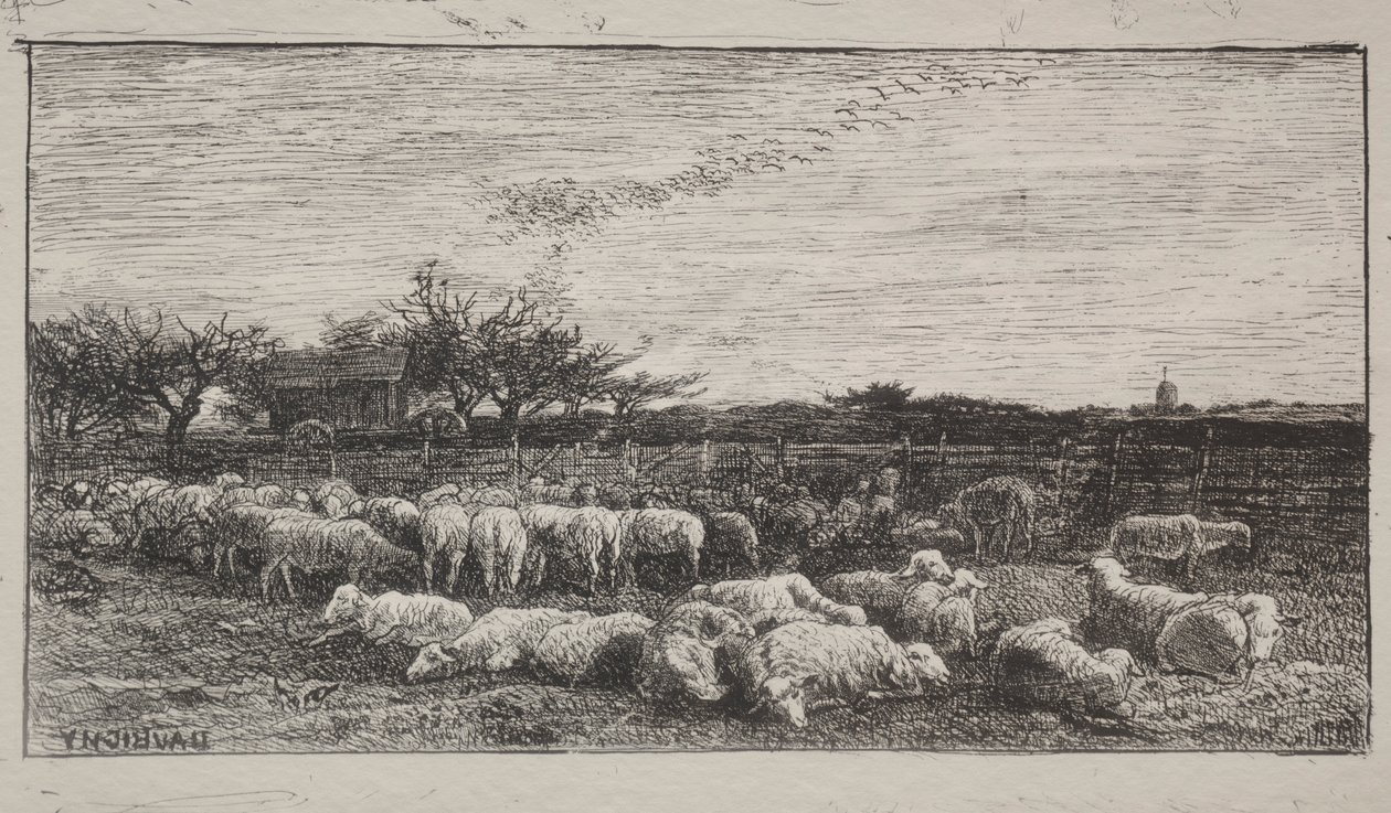 Der große Schafstall, Originaldruck 1862, gedruckt 1921 von Charles Francois Daubigny