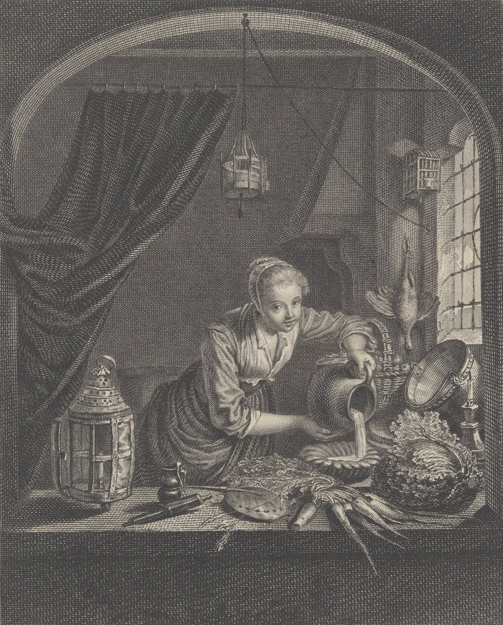 Milchmädchen nach dem Gemälde von G. Dou im Kabinett von Herrn Poullain, Mitte des 17. Jahrhunderts von Charles François Adrien Macret
