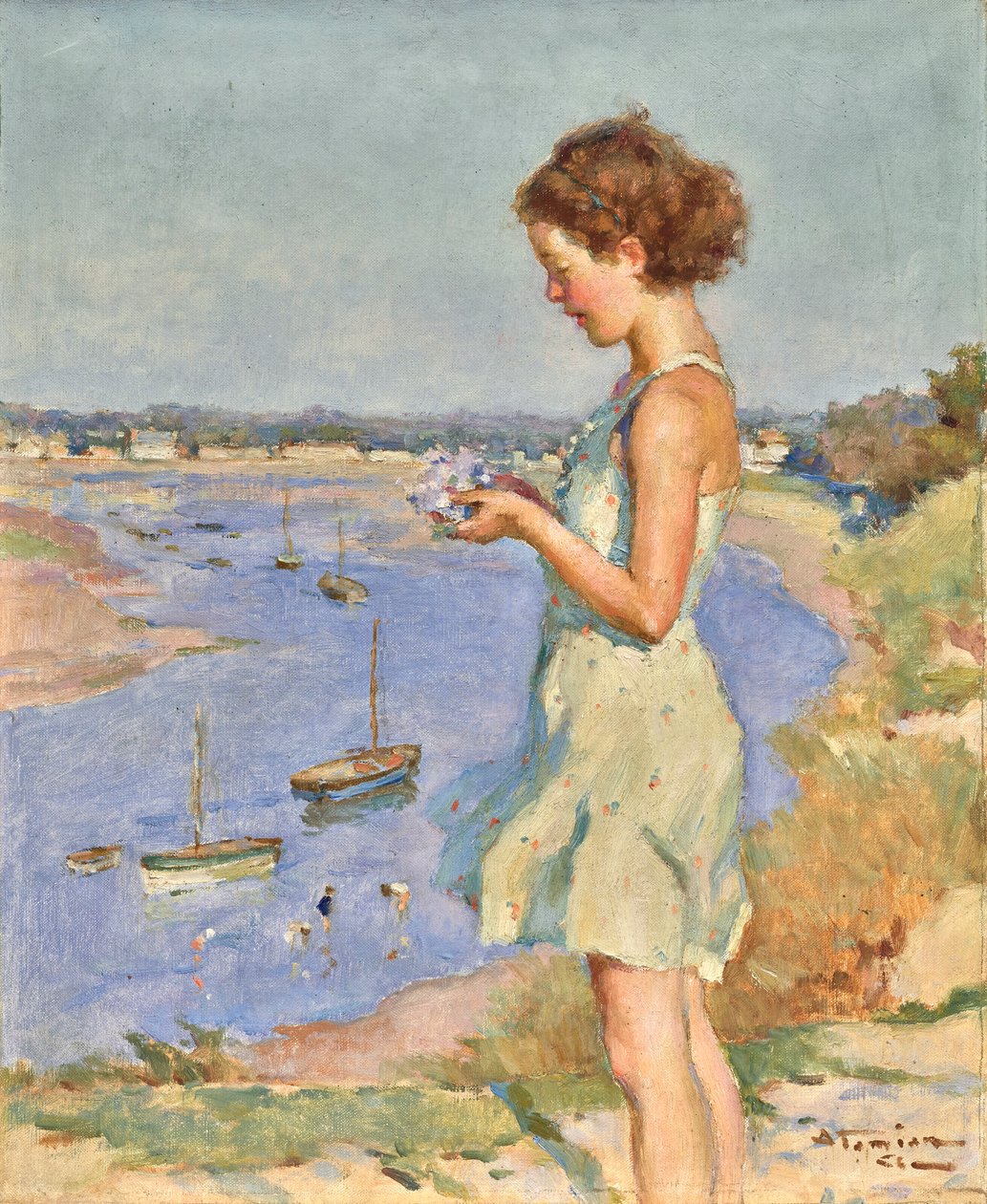 Junges Mädchen mit einer blauen Hortensie, Saint-Gilles-Croix-de-Vie von Charles Garabed Atamian