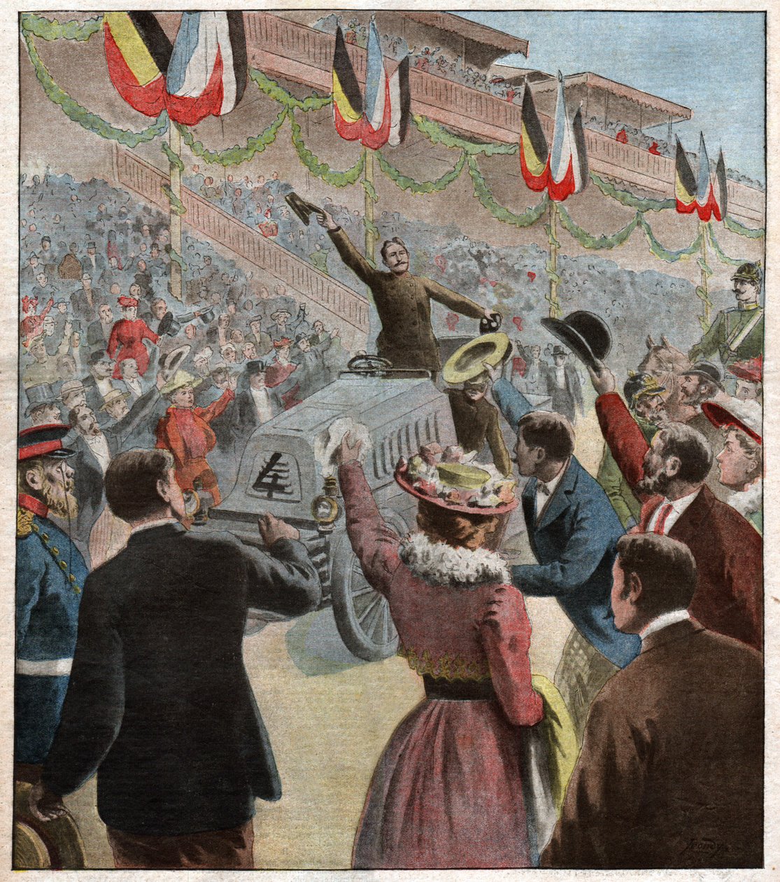 Ankunft des Paris-Berlin-Rennens in Berlin: Sieger Henry Fournier von Charles Gaston Yrondy