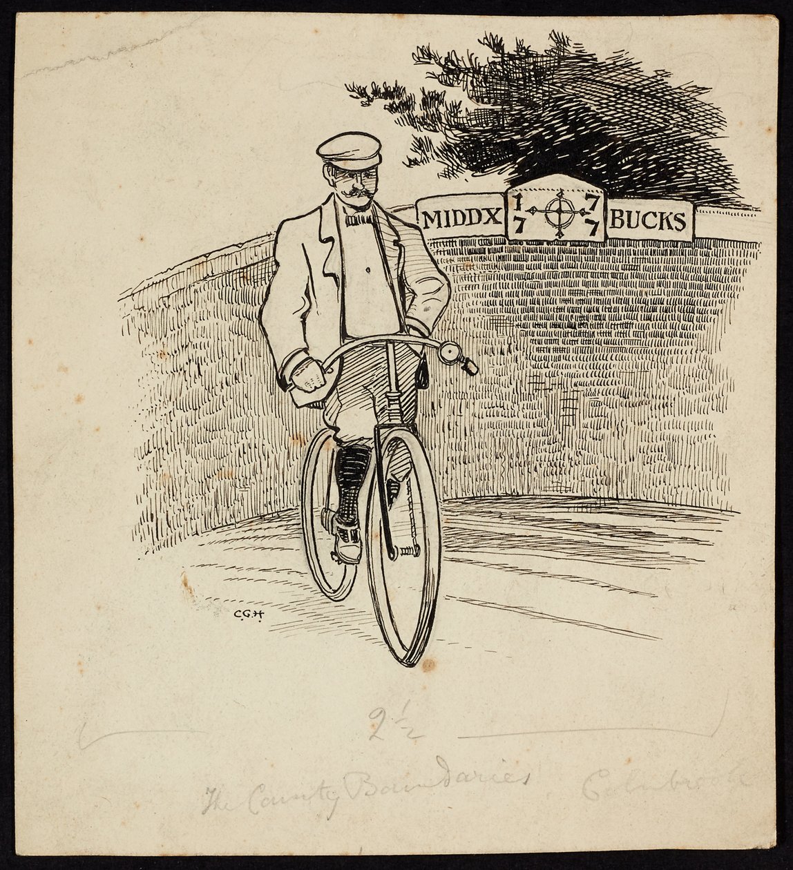 Ein Mann auf einem Fahrrad vor einem Schild, das die Kreisgrenze zwischen Middlesex und Buckinghamshire markiert von Charles George Harper