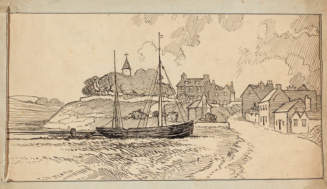 Ein Segelboot am Strand bei Ebbe, an einem Weg, der zu einem Dorf führt von Charles George Harper