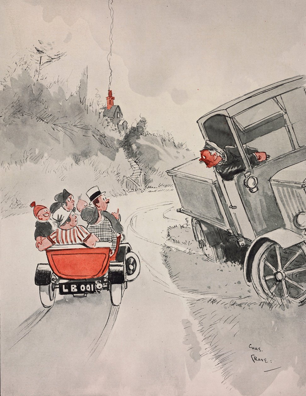 Konservierte Sardinen und der sarkastische Lastwagenfahrer, Karikatur von Chas Grave aus The Tatler, Nr. 1406, 6. Juni von Charles Grave