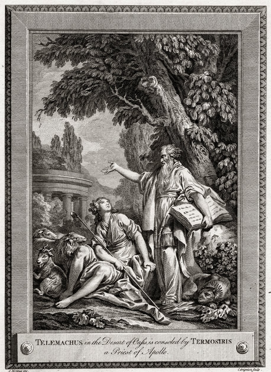 Telemachus in der Wüste von Oasis wird von Termosiris, einem Priester des Apollo, getröstet, 1774 von Charles Grignion