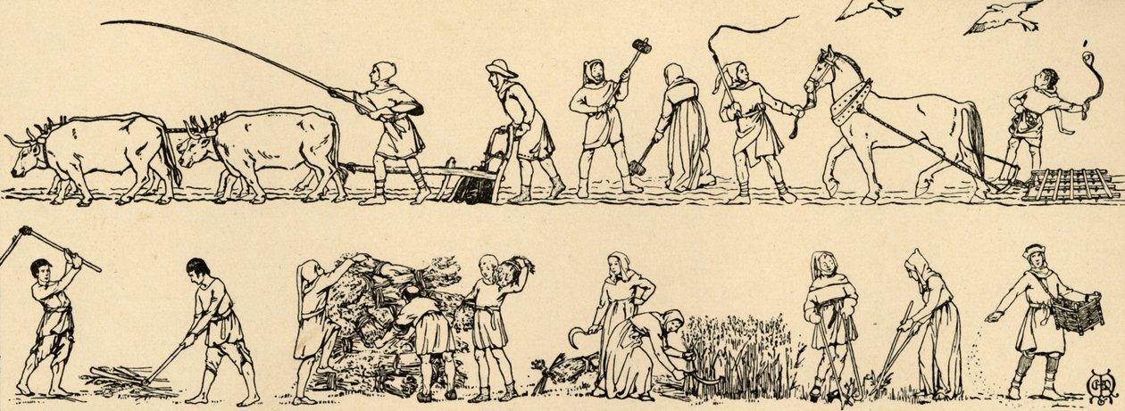 Landwirtschaft zur Zeit von Edward III. aus dem Luttrell Psalter, 1931 von Charles Henry Bourne Quennell