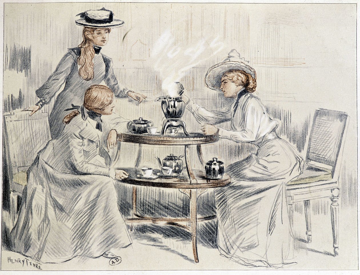 Damen trinken Tee um einen kleinen Samowar - Zeichnung von Henri Tenré, ca. 1910 von Charles Henry Tenre