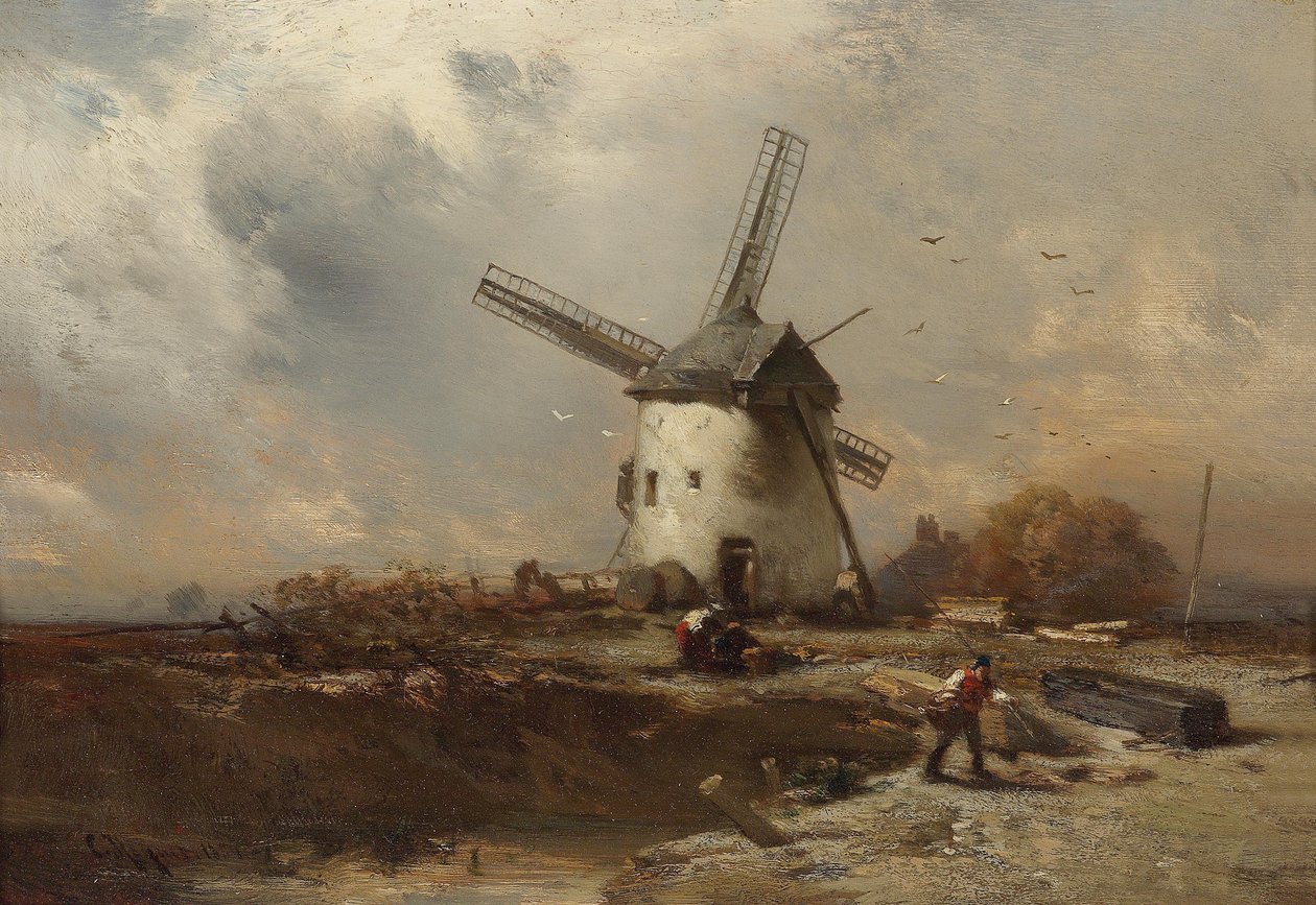 Landschaft mit Windmühle und dekorativen Figuren von Charles Hoguet