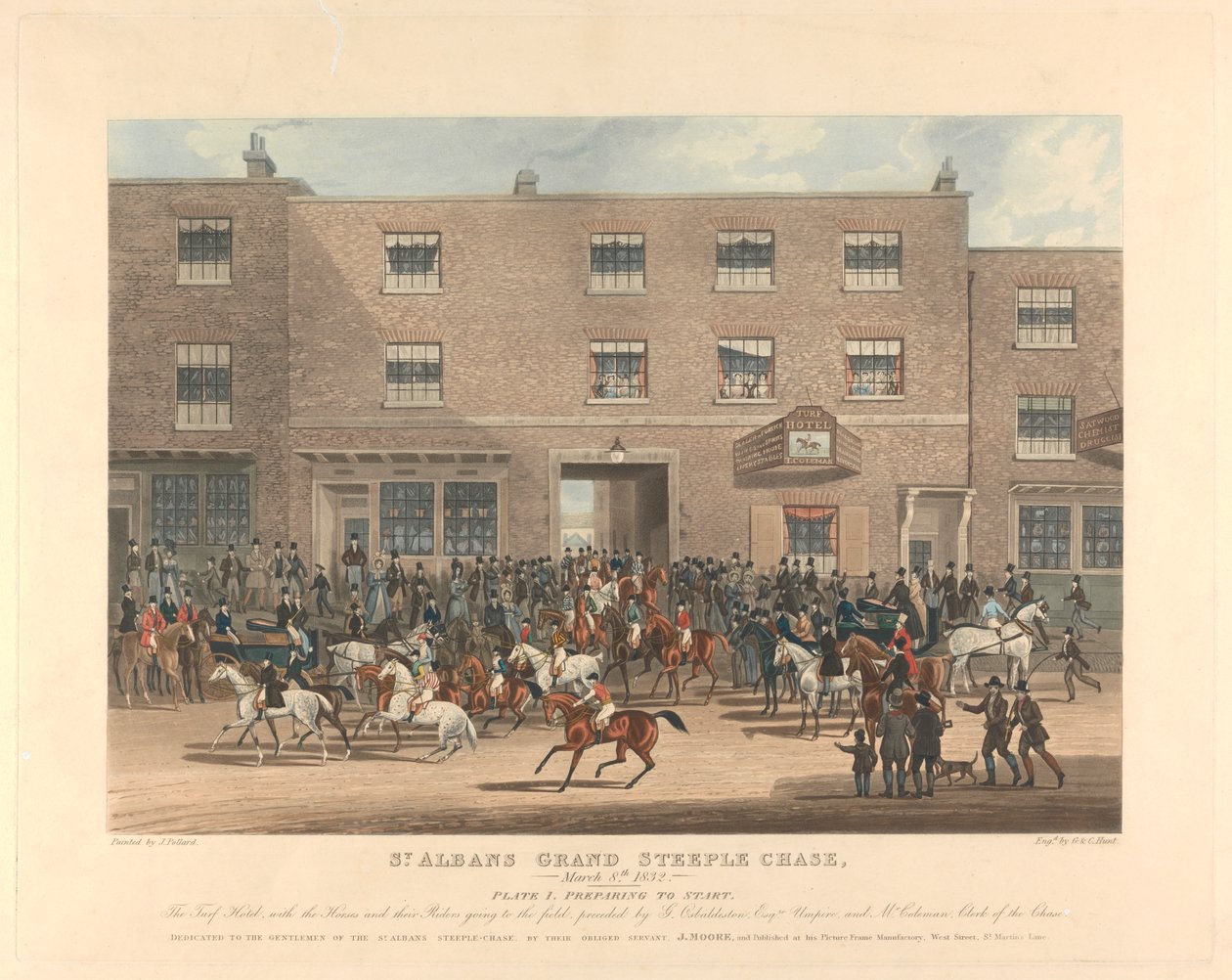 Steeplechasing [Satz von sechs]: St. Albans Grand Steeple Chase. / 8. März 1832. Platte 1. Vorbereitung zum Start ... von Charles Hunt
