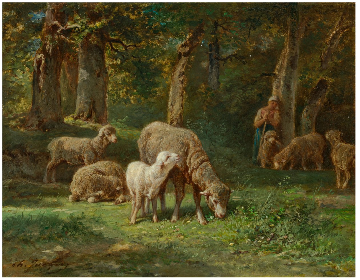 Hirtin, die ihre Herde hütet von Charles Jacque