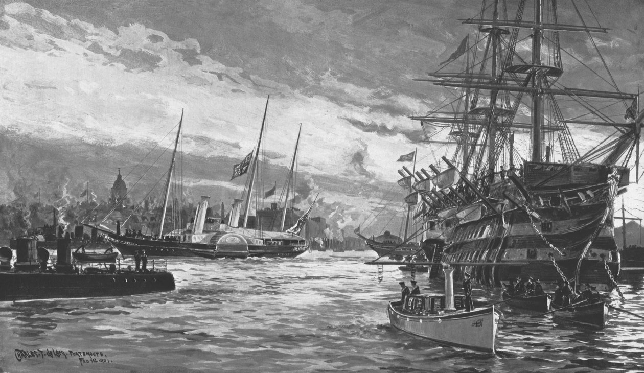 Das Begräbnis von Königin Victoria...Königliche Yacht Alberta fährt in den Hafen von Portsmouth ein...1901 von Charles John de Lacy