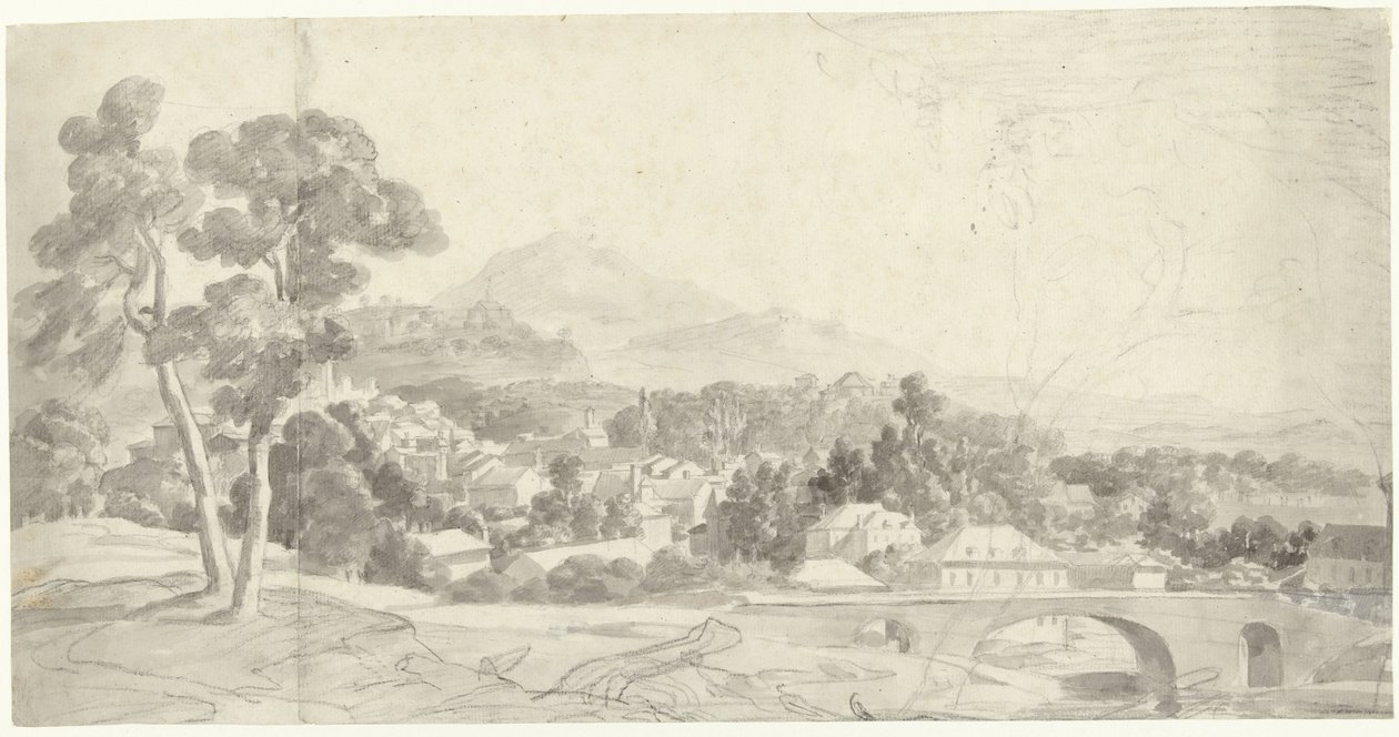 Landschaft mit einer Stadt bei einer Brücke von Charles Joseph Natoire (attributed to)