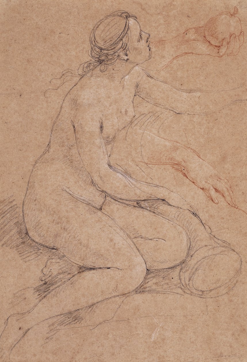 Eine Nymphe, die sich auf ein Füllhorn stützt, und Nebenskizzen ihrer Hände, eine hält einen Apfel von Charles Joseph Natoire