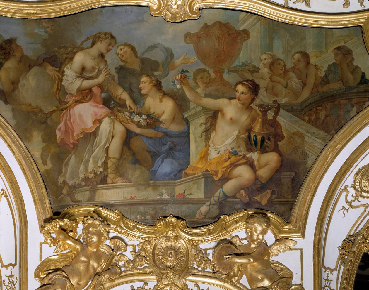 Geschichte von Psyche: Die Nymphen bieten Psyche Blumen am Eingang des Palastes der Liebe an von Charles Joseph Natoire