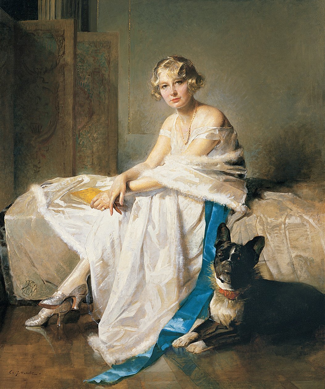 Eine elegante Dame mit ihrem französischen Bulldogge in einem Innenraum, um 1925 von Charles Joseph Watelet
