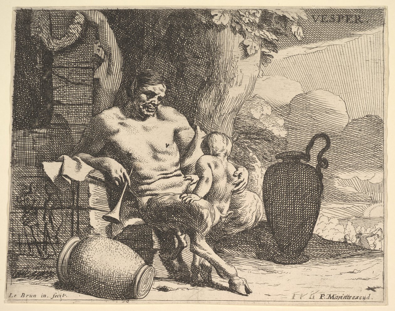 Abend: ein sitzender Satyr umarmt sein Kind, eine Figur hängt einen Kranz an einen Pfeiler von Charles Le Brun