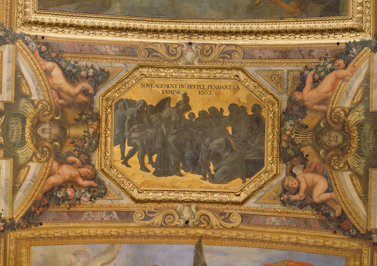 Hilfe für die Menschen während der Hungersnot von 1662, Deckenmalerei aus der Galerie des Glaces von Charles Le Brun