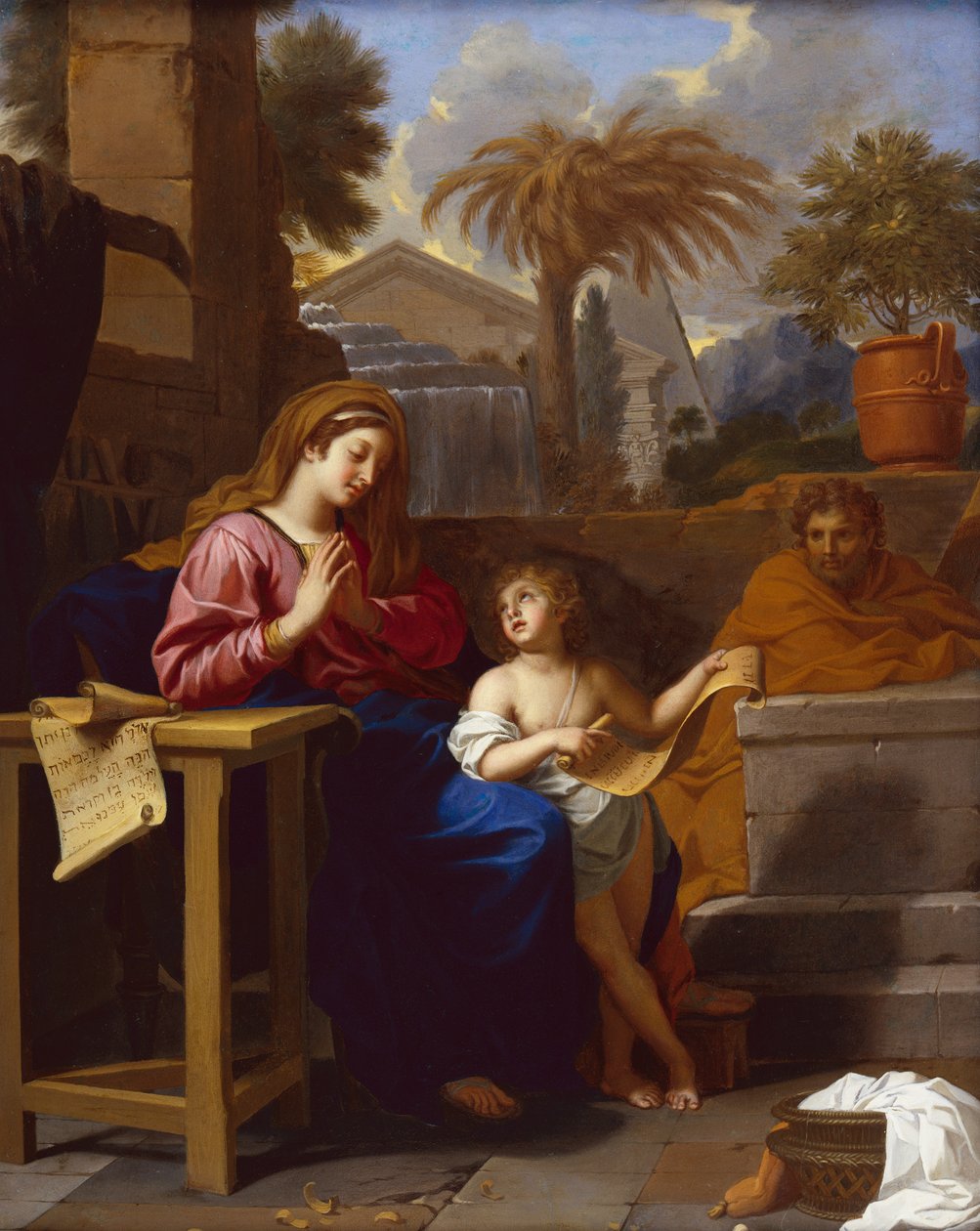 Die Heilige Familie in Ägypten mit dem Jesuskind, das eine hebräische Schrift liest von Charles Le Brun