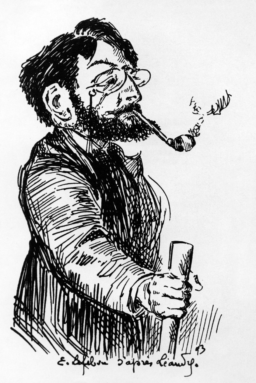 Henri Rivière (1864-1951) französischer Künstler und Designer (Schattenstück im Cabaret Le Chat Noir), Zeichnung von E. Lefebvre nach Leandre von Charles Leandre