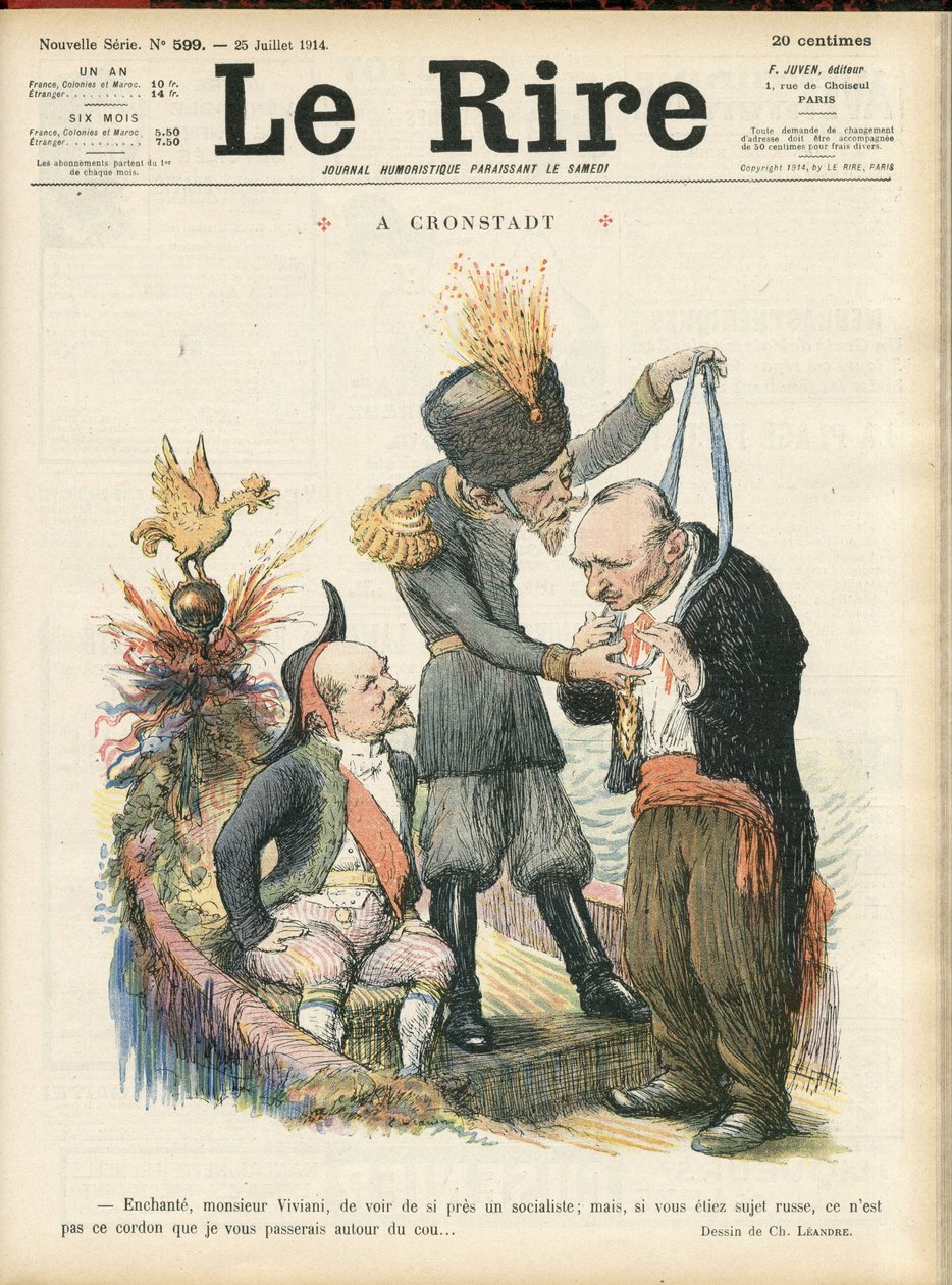 Illustration von Charles Leandre (1862-1934) für das Titelblatt von Le Lire, 25/07/14 - „Verzaubernder Monsieur Viviani, einen Sozialisten so nah zu sehen, aber wenn Sie ein russischer Untertan wären, wäre es nicht dieses Seil, das ich Ihnen anlegen würde. von Charles Leandre
