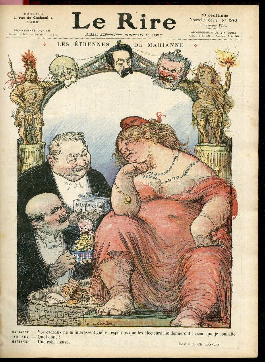 Illustration von Charles Leandre (1862-1934) für das Cover von Le Rire, 03/01/14 - Les étrennes de Marianne - Tribun - Clemenceau George, Jaurès Jean, Briand Aristide, Marianne, Caillaux Joseph (1863-1944) von Charles Leandre