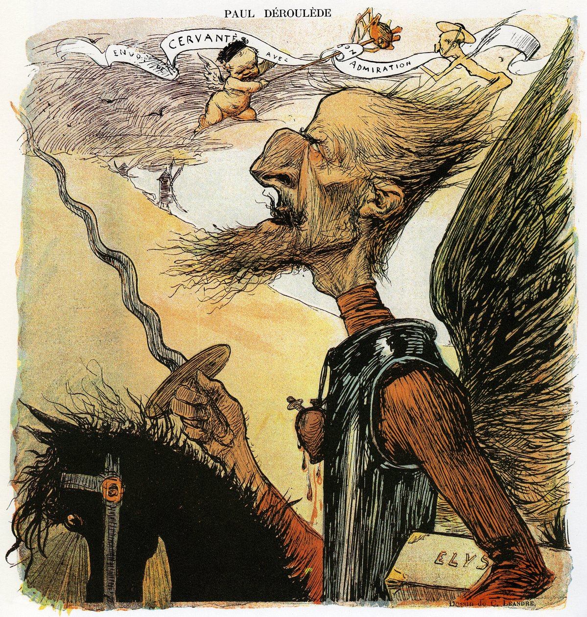 Paul Deroulede (1846-1914), französischer Schriftsteller und nationalistischer Aktivist, eine wichtige Figur im Antidreyfusismus, Karikatur von Charles Leandre als Ritter Don Quixote: Er kämpft gegen Windmühlen und trägt unter dem Arm einen Koffer mit der  von Charles Leandre